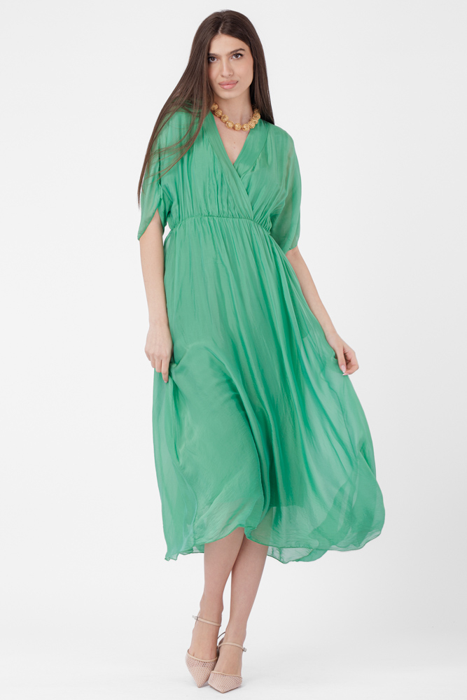 Rochie Lunga In Colturi Din Matase Naturala Cu Bust Petrecut Verde