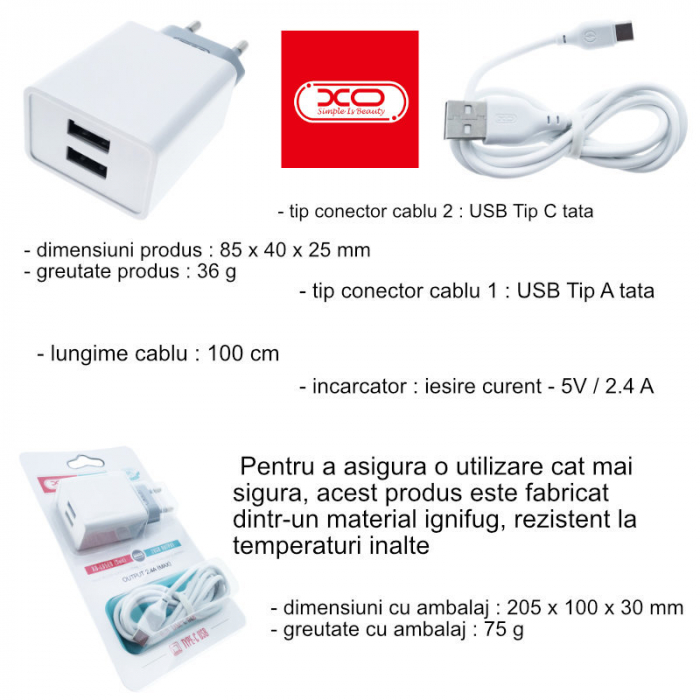 Set Incarcator Retea XO L65 87132 Cu Cablu USB Tip C De 100 Cm 2 X