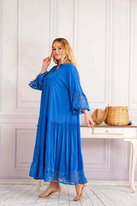 Rochie Albastra Boho Chic Cu Volane Si Dantela