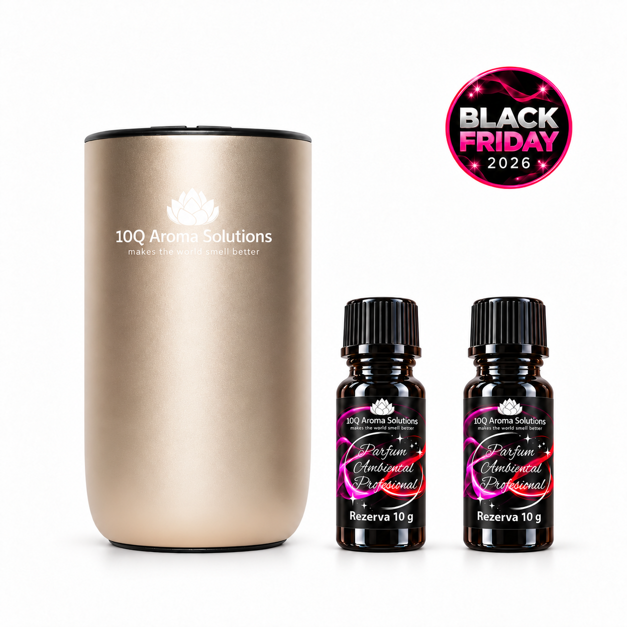 Black Friday 2026 - Pachet 10Q AromaDrive Exclusive Gold – Aparat Profesional de Parfumare Auto + 2 rezerve la alegere