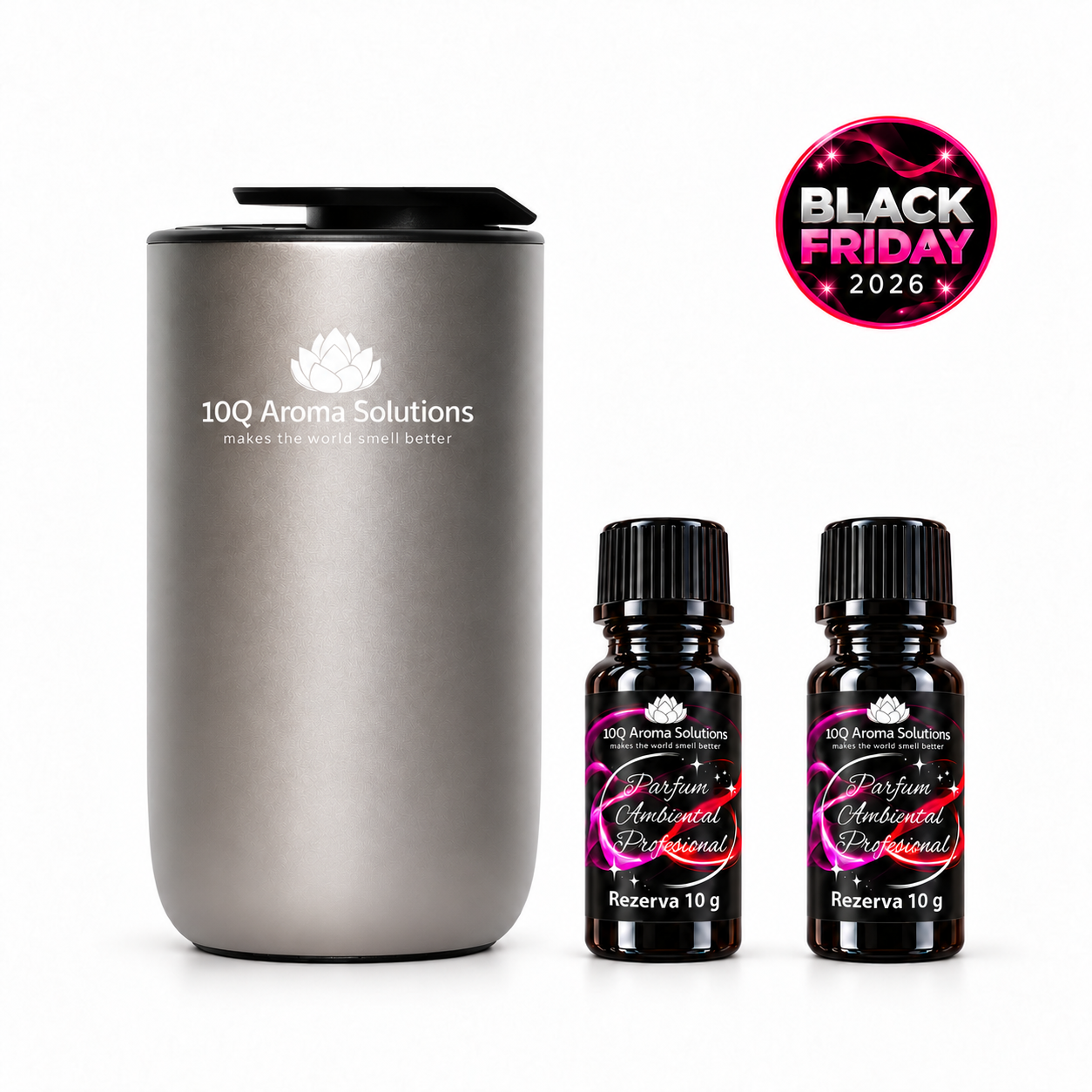 Black Friday 2026 - Pachet 10Q AromaDrive Exclusive Silver – Aparat Profesional de Parfumare Auto + 2 rezerve la alegere