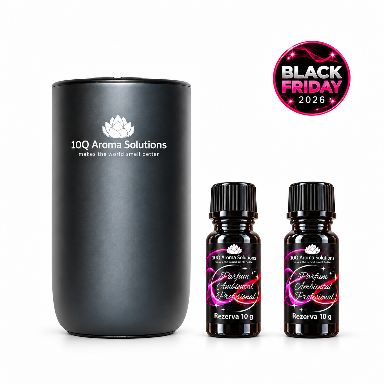 Black Friday 2026 - Pachet 10Q AromaDrive Exclusive Titan – Aparat Profesional de Parfumare Auto + 2 rezerve la alegere