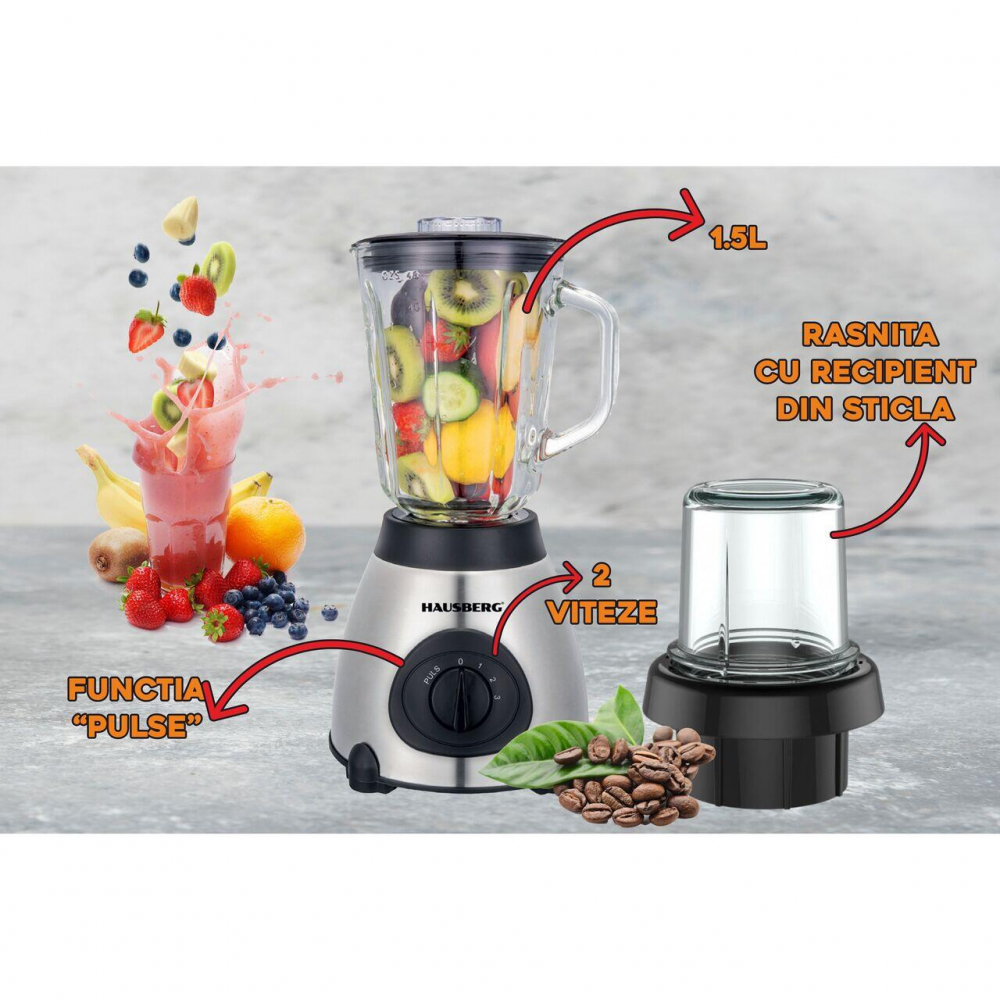 Blender electric cu rasnita din inox cu cana de sticla, (HB 37) capacitate 1.5 l , 3 viteze, 600W [5]
