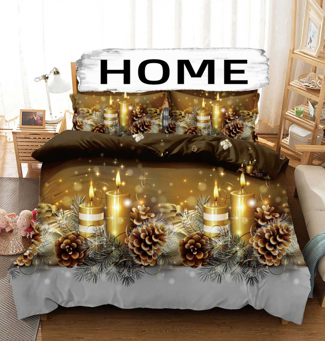 Lenjerie de Craciun (FC 12), Pat 1 Persoana, Bumbac Finet, 4 piese, Lumanari Craciun, Auriu [1]