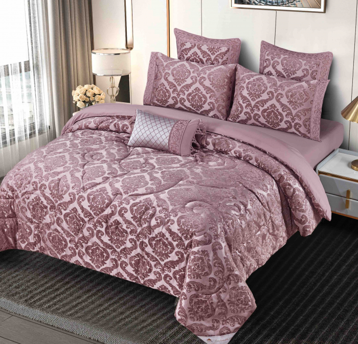 Lenjerie Jacquard (LJQ 1) cu Pilota Inclusa, Cearceaf pat cu Elastic, 7 piese, Roz Inchis [2]