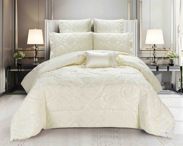 Lenjerie Jacquard (LJQ 2) cu Pilota Inclusa, Cearceaf pat cu Elastic, 7 piese, Crem [2]