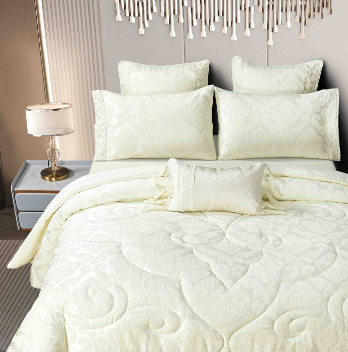 Lenjerie Jacquard (LJQ 2) cu Pilota Inclusa, Cearceaf pat cu Elastic, 7 piese, Crem [3]