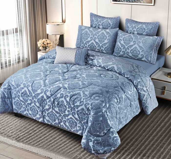 Lenjerie Jacquard (LJQ 3) cu Pilota Inclusa, Cearceaf pat cu Elastic, 7 piese, Albastru [2]