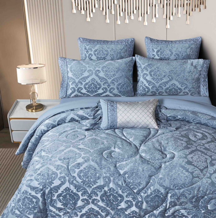 Lenjerie Jacquard (LJQ 3) cu Pilota Inclusa, Cearceaf pat cu Elastic, 7 piese, Albastru [3]