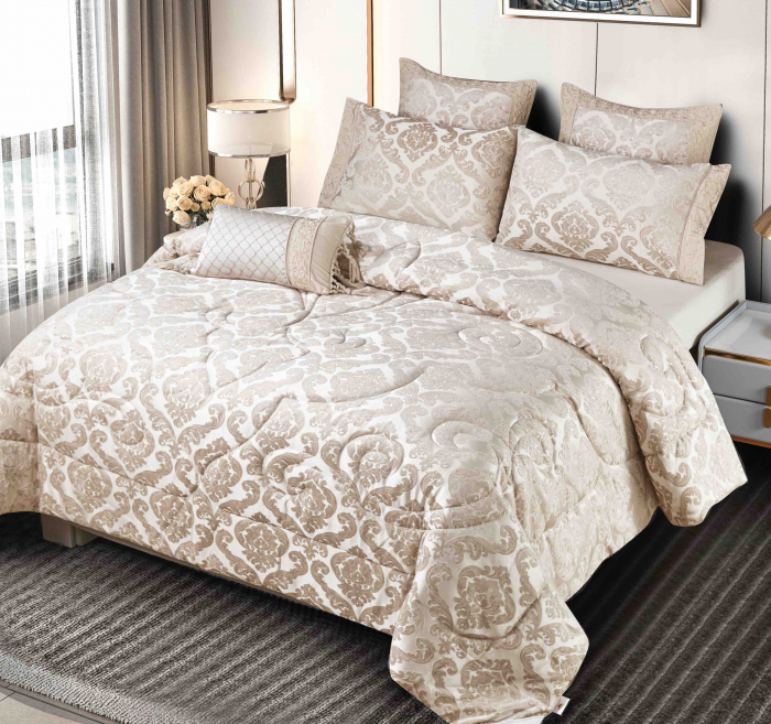 Lenjerie Jacquard (LJQ 4) cu Pilota Inclusa, Cearceaf pat cu Elastic, 7 piese, Bej [2]