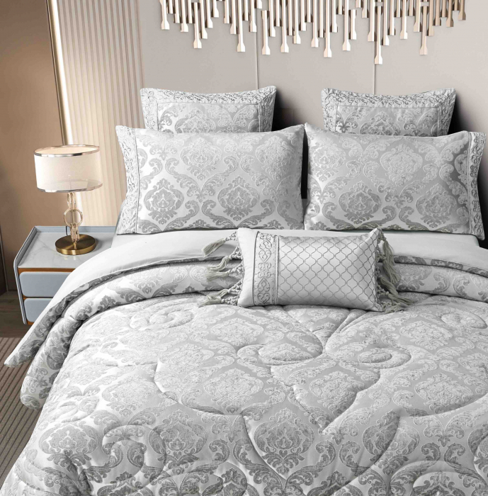 Lenjerie Jacquard (LJQ 6) cu Pilota Inclusa, Cearceaf pat cu Elastic, 7 piese, Gri [3]