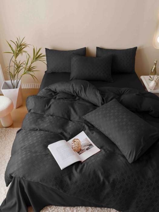 Lenjerie uni Jacquard - Finet (LJF 1), pat dublu, Bumbac, 6 piese, Negru, 230 x 250 cm [5]