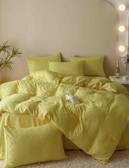 Lenjerie uni Jacquard - Finet (LJF 11), pat dublu, Bumbac, 6 piese, Galben deschis, 230 x 250 cm [2]