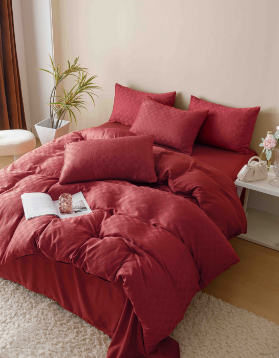 Lenjerie uni Jacquard - Finet (LJF 12), pat dublu, Bumbac, 6 piese, Rosu, 230 x 250 cm [6]