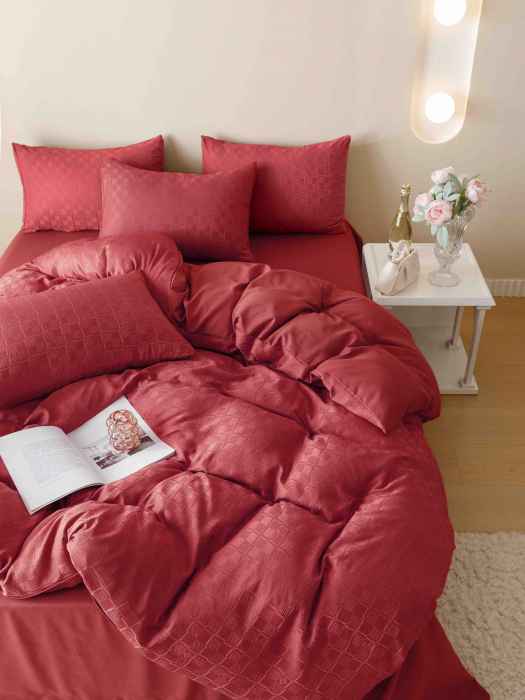 Lenjerie uni Jacquard - Finet (LJF 12), pat dublu, Bumbac, 6 piese, Rosu, 230 x 250 cm [2]