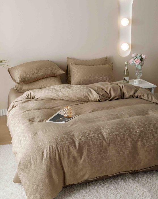 Lenjerie uni Jacquard - Finet (LJF 14), pat dublu, Bumbac, 6 piese, Maro, 230 x 250 cm [2]