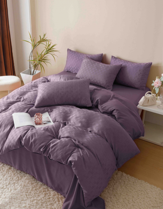 Lenjerie uni Jacquard - Finet (LJF 3), pat dublu, Bumbac, 6 piese, Mov, 230 x 250 cm [7]