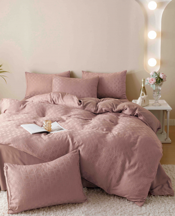 Lenjerie uni Jacquard - Finet (LJF 5), pat dublu, Bumbac, 6 piese, Roz, 230 x 250 cm [2]