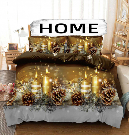 Lenjerii de pat 1 persoana - Lenjerie de Craciun (FC 12), Pat 1 Persoana, Bumbac Finet, 4 piese, Lumanari Craciun, Auriu