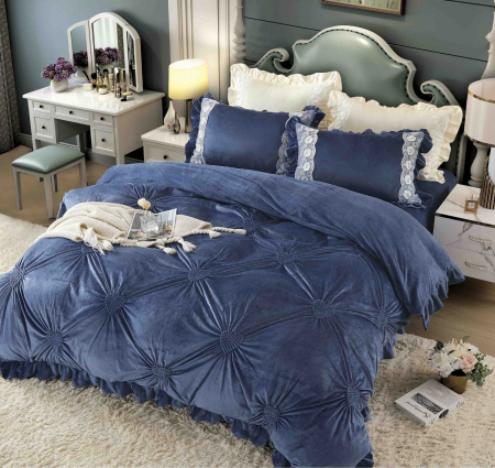 Lenjerie de pat - Catifea (LJC 6), cu inimioare brodate, Albastru [0]