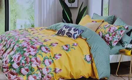 Dormitor - Lenjerie de pat dublu, FINET 6 piese (Finet 944) Galben cu flori, 245 x 250 cm, Luxury Pucioasa
