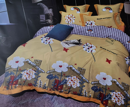 Dormitor - Lenjerie de pat dublu, FINET 6 piese (Finet 945) Galben cu flori, 245 x 250 cm, Luxury Pucioasa