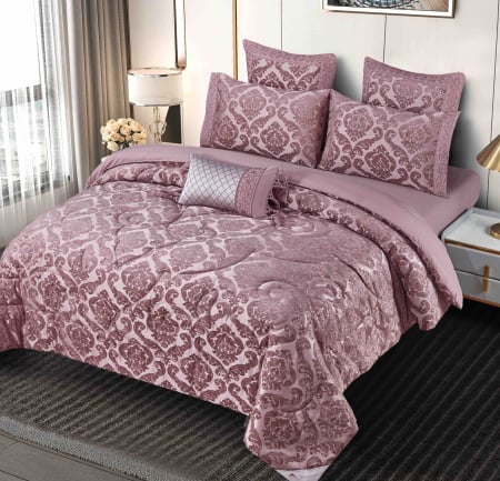 Lenjerie Jacquard (LJQ 1) cu Pilota Inclusa, Cearceaf pat cu Elastic, 7 piese, Roz Inchis [1]