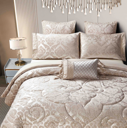 Lenjerie Jacquard (LJQ 4) cu Pilota Inclusa, Cearceaf pat cu Elastic, 7 piese, Bej [2]
