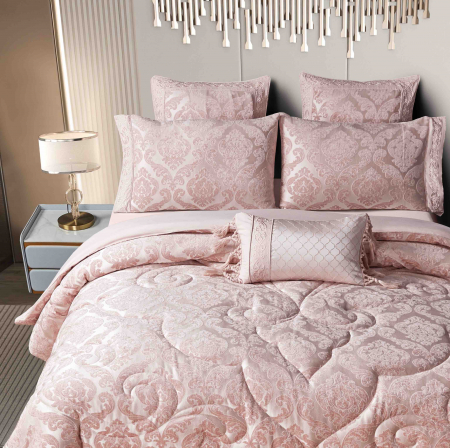 Lenjerie Jacquard (LJQ 7) cu Pilota Inclusa, Cearceaf pat cu Elastic, 7 piese, Roz [2]