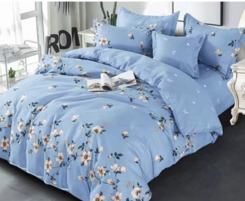 Dormitor - Lenjerie pat dublu, Bumbac (Finet 551) 6 piese, albastru cu floricele