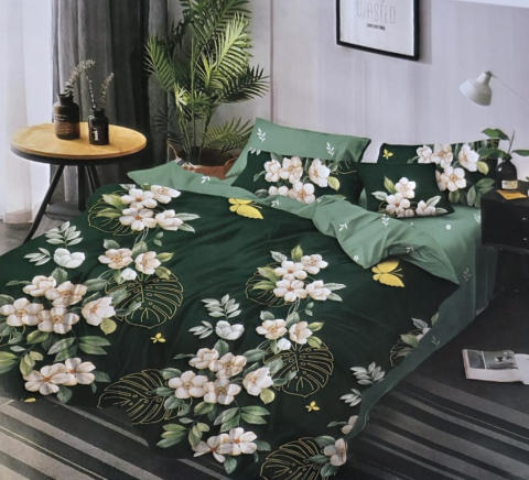 Dormitor - Lenjerie pat dublu, Bumbac (Finet 554) 6 piese, verde cu flori