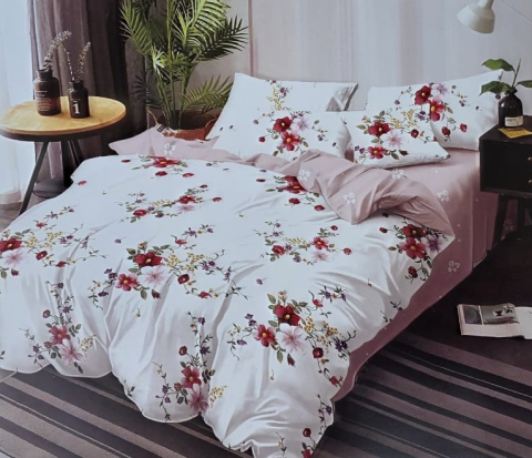 Dormitor - Lenjerie pat dublu, Bumbac (Finet 567) 6 piese, alb cu floricele