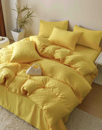 Lenjerie din Jacquard - Finet - Lenjerie uni Jacquard - Finet (LJF 8), pat dublu, Bumbac, 6 piese, Galben, 230 x 250 cm