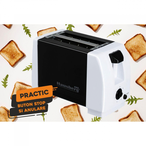 Bucatarie - Prajitor de paine HB 38, 750W, 7 setari, 2 felii, oprire automata, picioare anti-alunecare, Negru-Alb