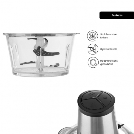 Tocator cu bol din sticla, 3 viteze (HB 8), 400 W, 2 Litri, toaca, taie, macina, amesteca [5]