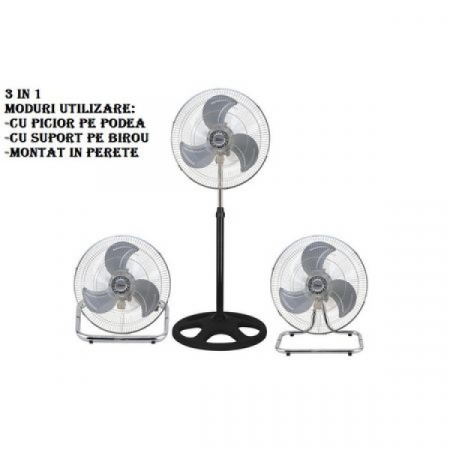 Ventilator cu picior (,negru cu gri 3 in 1, Putere 55 W, 3 viteze, diametru 45 cm, [5]