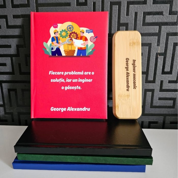 Cadou pentru Inginer Mecanic- Agenda personalizata + set scris Bambo