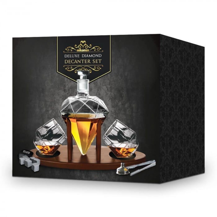 Set Decantor de Lux "Diamond" cu Pahare și Pietre de Whisky pe Tavă din Lemn [4]