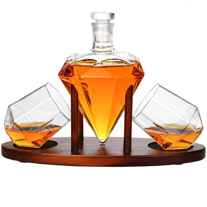 Set Decantor de Lux "Diamond" cu Pahare și Pietre de Whisky pe Tavă din Lemn [3]