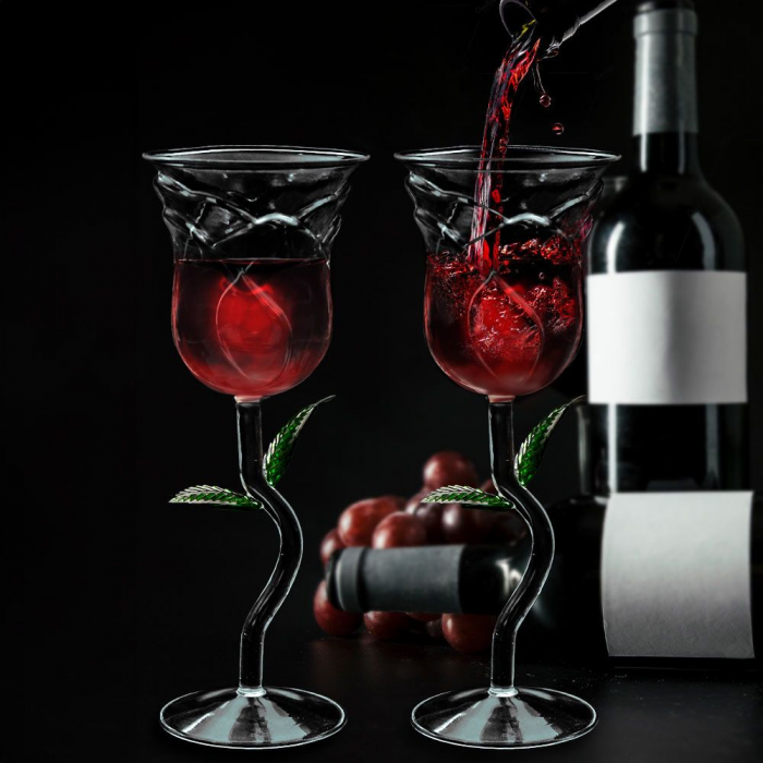 Set 2 Pahare Elegante pentru Vin Rosé, cu Design Trandafir [2]