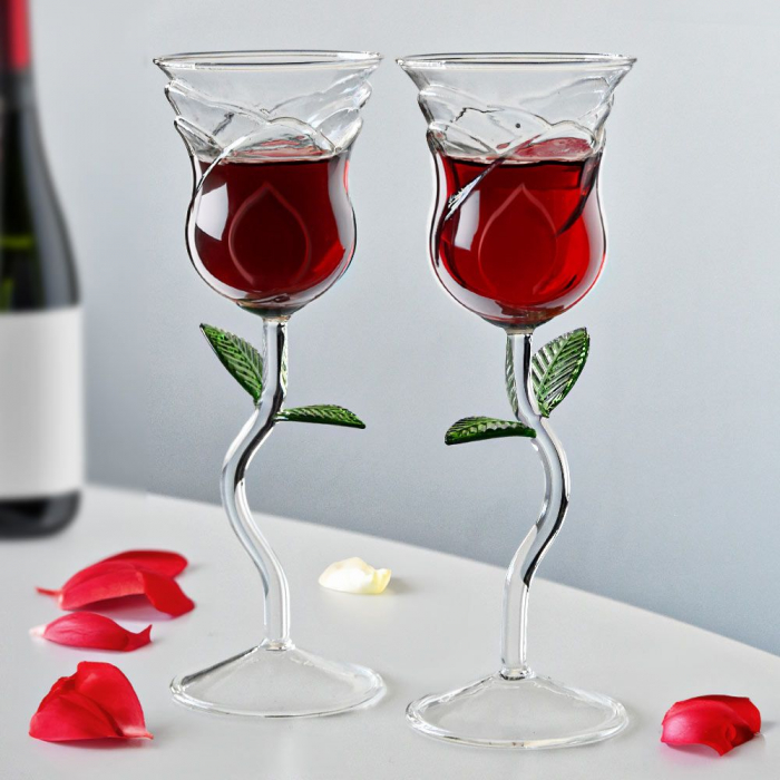 Set 2 Pahare Elegante pentru Vin Rose, cu Design Trandafir