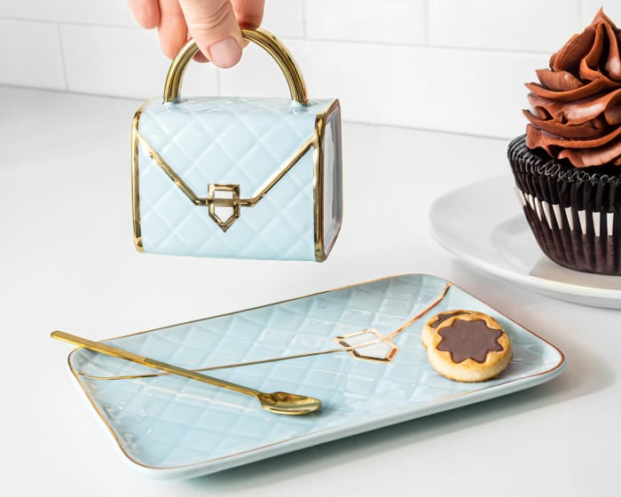 Set Lady Glam - Cana in forma de poseta, farfurie si lingura.