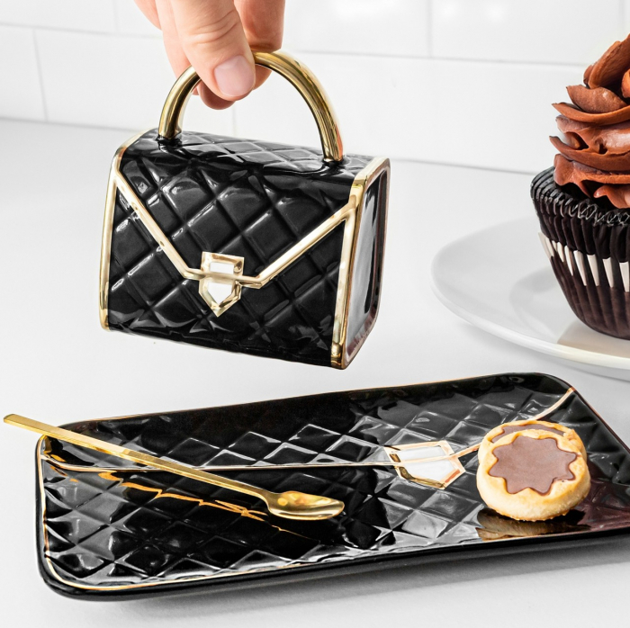 Set Lady Glam - Cana in forma de poseta, farfurie si lingura.