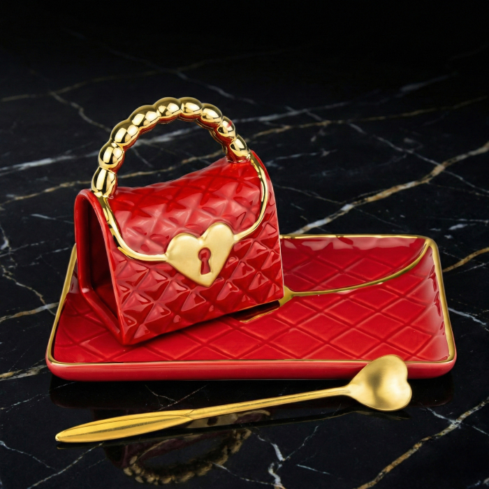 Cană în formă de geantă cu farfurioară și linguriță inimă [4]