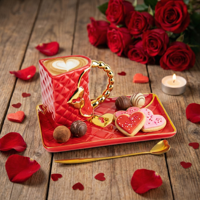 Cană în formă de geantă cu farfurioară și linguriță inimă [2]