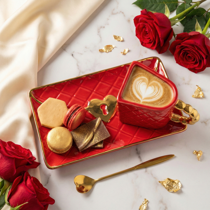 Cană în formă de geantă cu farfurioară și linguriță inimă [5]