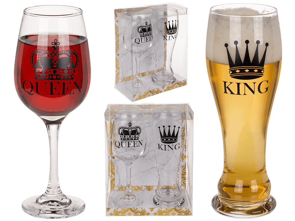Set Regal de 2 Pahare pentru Cuplu - "King & Queen" (Halbă Bere & Pahar Vin) [4]