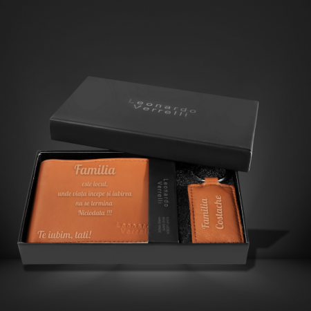 Cadouri pentru iubit - Set cadou barbati personalizabil Leonardo Verrelli - portofel si breloc