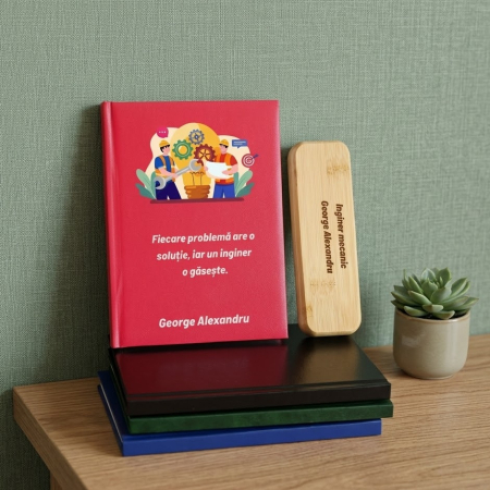 Cadouri personalizate pentru profesori - Cadou pentru Inginer Mecanic- Agenda personalizata + set scris Bambo