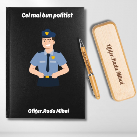 Cadouri peste 100 RON - Cadou pentru politist- Agenda personalizata + set scris